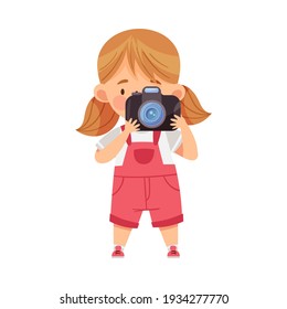 Cute Girl with Ponytails Holding Camera and Taking Photo Vector Illustration