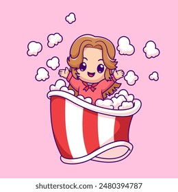 Cute Girl In Popcorn Bucket Cartoon Vector Icon Illustration. People Food Icon Concept Isolated Premium Vector. Flat Cartoon Style