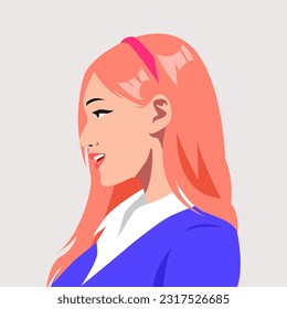 cute girl portrait avatar wearing hair band. side view. vector graphic.