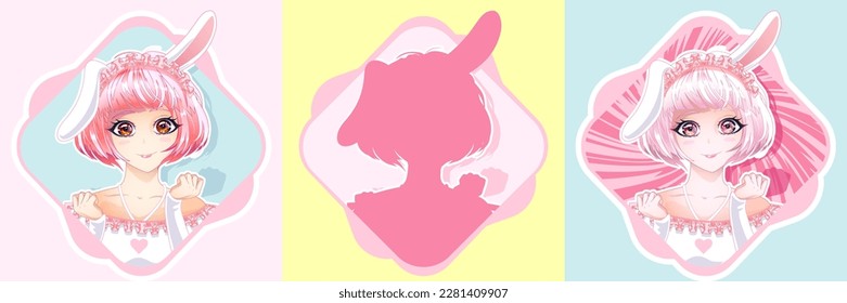 Cute girl portrait with pink hair and bunny ears. Vector illustration in anime style.