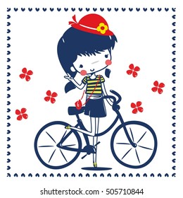 Cute girl pose with bicycle on heart frame background illustration vector.