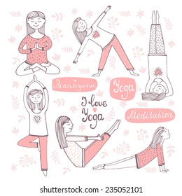 Cute girl in pose practicing yoga.Vector illustration 