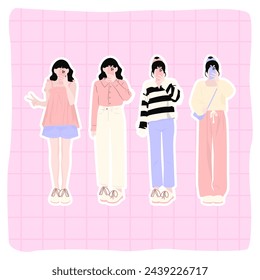 cute girl poses and facial expressions cartoon illustration