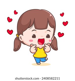 Cute girl posing love finger sign cartoon character. People expression concept design. adorable chibi vector style. Isolated white background