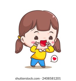 Cute girl posing peace sign cartoon character. People expression concept design. adorable chibi vector style. Isolated white background
