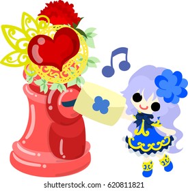 A cute girl and a post of carnations