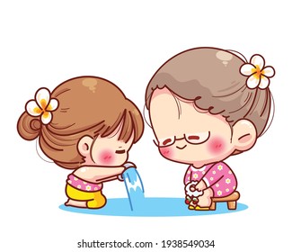 Cute girl pour water on the hands of revered elders Songkran festival sign of Thailand cartoon illustration