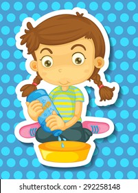 Cute girl pouring cleaning liquid in the bucket