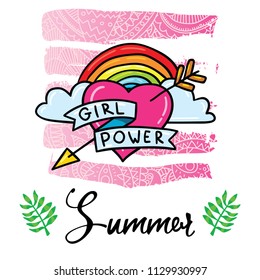 Cute girl power feminism symbol sticker design illustration with lgbt rainbow. Print design for t-shirt, poster and card.
