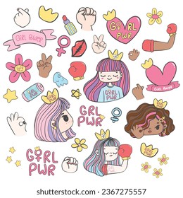 Cute Girl Power Pastel Cartoon Doodle Feminist Set. Colorful Hand Drawn Feminist Art and Empowerment Illustrations, Smbolize unity, diversity, and strength in a playful, artistic style.