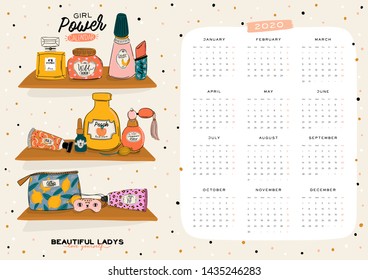 Cute Girl Power skincare wall calendar. 2020 Yearly Planner with all Months. Good Organizer and Schedule. Trendy female illustration - organic cosmetic and motivational quotes. Vector background