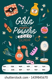 Cute Girl Power skincare wall calendar. 2020 Yearly Planner with all Months. Good Organizer and Schedule. Trendy female illustration - organic cosmetic and motivational quotes. Vector background