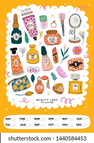 Cute Girl Power skincare wall calendar. 2020 Yearly Planner with all Months. Good Organizer and Schedule. Trendy female illustration - organic cosmetic and motivational quotes. Vector background