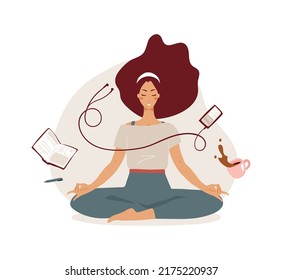 Cute girl practices yoga at work or at home. The concept of relaxing the mind, student stress during exams at the institute, meditation at work. Flat cartoon vector illustration isolated on white.