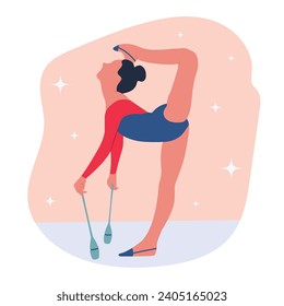 Cute girl practicing rhythmic gymnastic with clubs. Colorful vector illustration isolated on white background. Cartoon design for t shirt print, poster, icon, card, logo, label, sticker or banner.