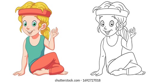 Cute girl practicing yoga. Coloring page and colorful clipart character. Cartoon design for t shirt print, icon, logo, label, patch or sticker. Vector illustration.
