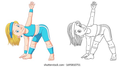 Cute girl practicing yoga. Coloring page and colorful clipart character. Cartoon design for t shirt print, icon, logo, label, patch or sticker. Vector illustration.