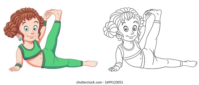 Cute girl practicing yoga. Coloring page and colorful clipart character. Cartoon design for t shirt print, icon, logo, label, patch or sticker. Vector illustration.