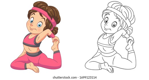 Cute girl practicing yoga. Coloring page and colorful clipart character. Cartoon design for t shirt print, icon, logo, label, patch or sticker. Vector illustration.