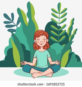 Cute girl practicing yoga in the garden. Kids Yoga vector illustration. Summer landscape background