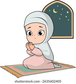 cute girl pray at night vector illustration