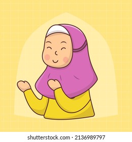 Cute girl Praying celebrating ramadan mubarak, eid mubarak cartoon vector illustration. Flat cartoon illustration, fun