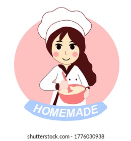 Cute girl prepares food and inscription homemade, vector graphics