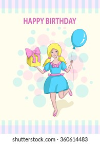 Cute girl with a present and a balloon. Vector illustration