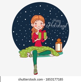 Cute girl with present. Christmas vector illustration in bright colors