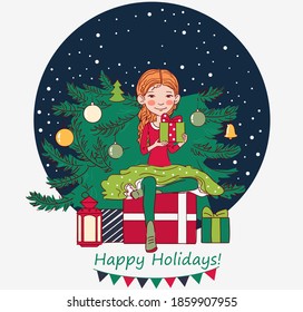 Chica linda con regalo. Ilustración vectorial de Navidad en colores brillantes