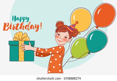 Cute girl with present. Happy Birthday vector illustration