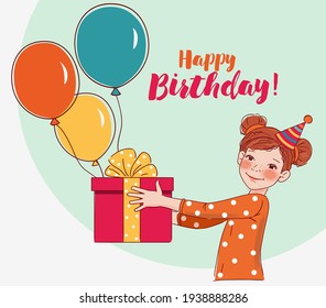 Cute girl with present. Happy Birthday vector illustration