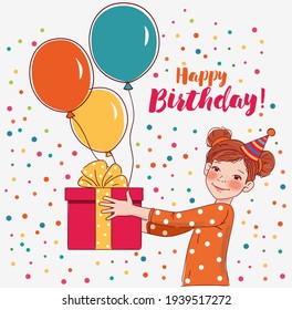 Cute girl with present. Happy Birthday vector illustration