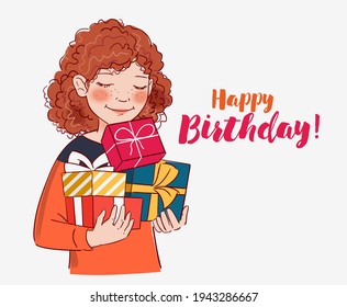 Cute girl with present. Happy Birthday vector illustration