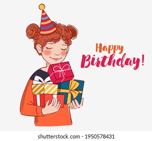 Cute girl with present. Happy Birthday vector illustration
