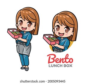 A cute girl presenting bento lunch box. Can be used as mascot or part of a logo.