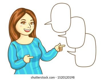 Cute girl presenting with point hands and speech bubble cartoon vector