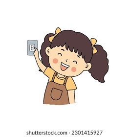 Cute girl press electric power switch off, cartoon hand drawn vector illustration