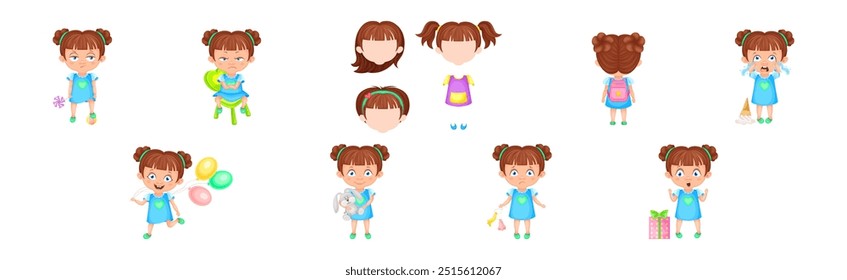 Cute Girl in Pretty Dress with Hairstyle Pose and Emotion Vector Set