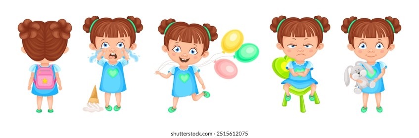 Cute Girl in Pretty Dress with Hairstyle Pose and Emotion Vector Set