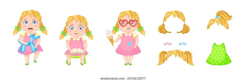 Cute Girl in Pretty Dress with Hairstyle Pose and Emotion Vector Set
