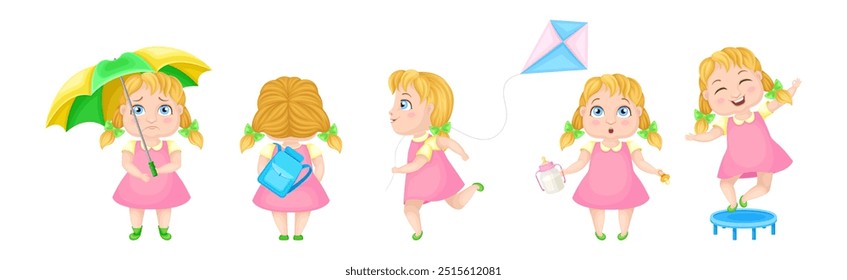 Cute Girl in Pretty Dress with Hairstyle Pose and Emotion Vector Set