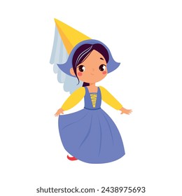 Chica linda en vestido bonito y sombrero puntiagudo como personaje de cuento de hadas ilustración vectorial