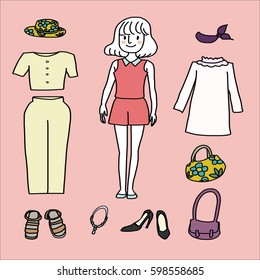 Cute girl in pretty sleeveless shirt and shorts with women's wear collection such as shoulder bag, hat, necklace, high heels, dress, sandals, dress pants and crop top. Illustration with doodle style.