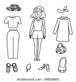 Cute girl in pretty sleeveless shirt and shorts with women's wear collection such as shoulder bag, hat, necklace, high heels, dress, sandals, dress pants and crop top. Illustration with doodle style.