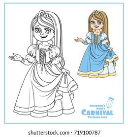 Cute girl in princess costume color and outlined for coloring page