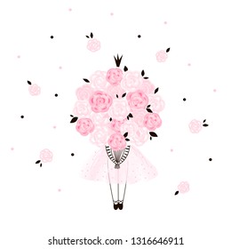 Cute girl princess doodle drawing wearing pink ballerina skirt with bouquet of roses. Vector illustration for girlish designs like textile apparel print, wall art, poster, stickers, cards and more.