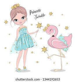 Cute Girl Princess Twinkle Magic and Flamingo