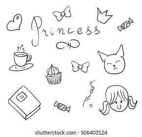 Cute Girl Princess Vector Doodles Set