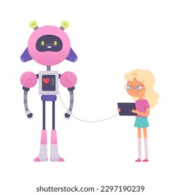 Cute girl programming robot vector illustration. Cartoon isolated kid with glasses holding tablet for coding software of pink smart bot, young engineer teaching digital AI brain of innovation machine